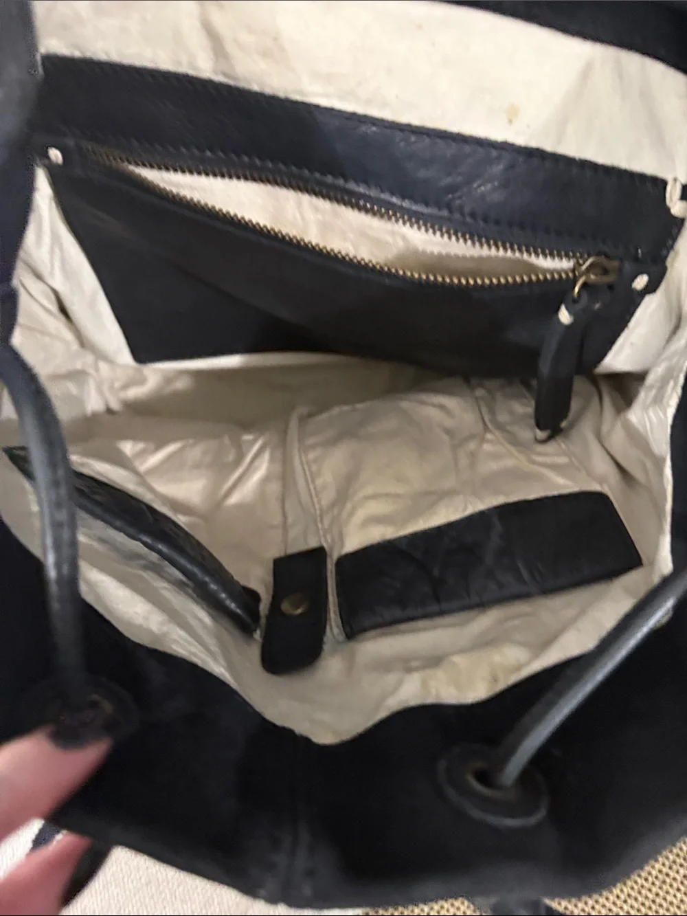 Black Leather + Suede Drawstring Backpack - Women’s Casual Bag